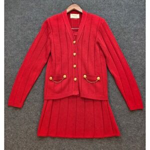 Laura Petites Skirt Set Women 4 Red Excellent Vintage Ribbed Gold Button USA